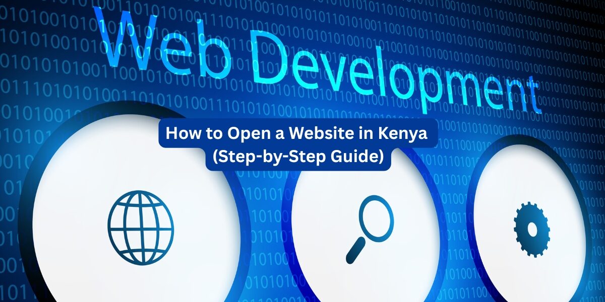 Step-by-step guide infographic showing how to open a website in Kenya, including choosing a domain name with .ke extension, registering through a Kenyan domain registrar, selecting local web hosting, designing the website, and publishing it online.