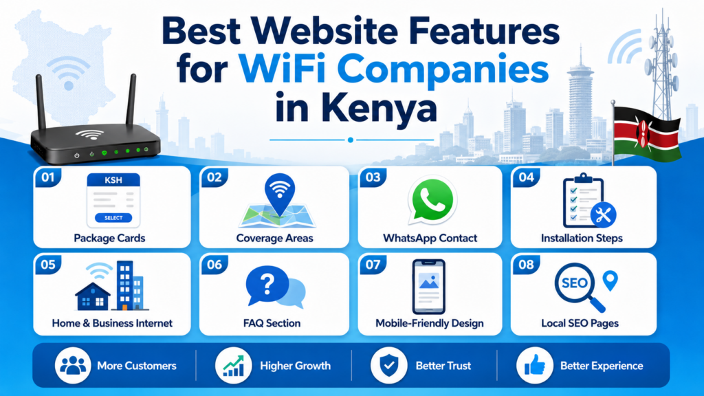 Infographic showing best website features for WiFi companies in Kenya including package cards, coverage areas, WhatsApp contact, installation steps, FAQs, mobile-friendly design, and local SEO pages