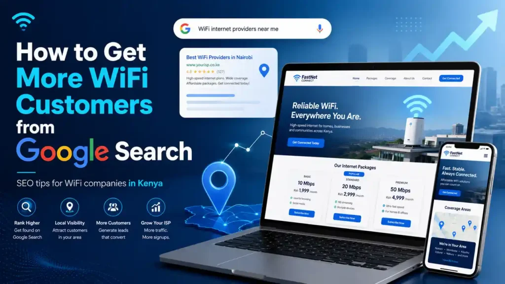 How to get more WiFi customers from Google Search in Kenya with a WiFi company website showing packages, coverage areas, Google visibility, and mobile-friendly design